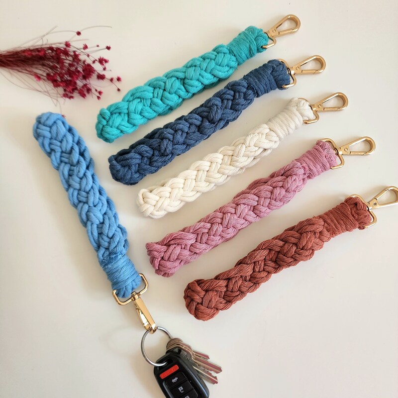 Handmade Braided Wristlet for Keys and Wallets, Cotton Keychain, Lanyard, Fob Holder, Aesthetic and Sustainable Boho Macrame Gifts for Women